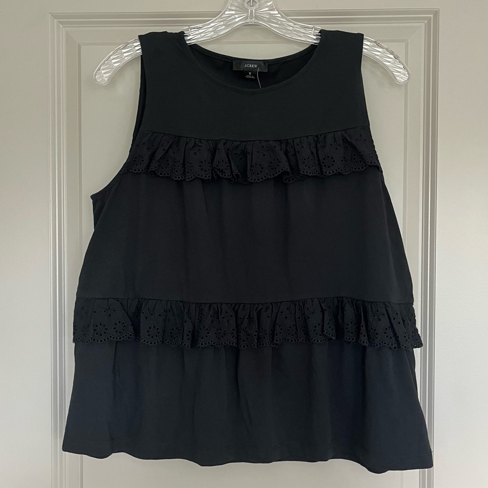 J. Crew Tiered Eyelet Ruffle Tank in Black NWT AN191
